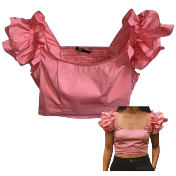 Zara Crop Top Pastel Pink Ruffle Sleeve Size S - Picture 1 of 6